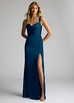 Azazie Elida Bridesmaid Dresses Dark Navy Sheath Pleated Stretch Satin Dress image1