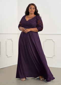 Azazie Hayek Mère de la mariée Robes Robe Trapèze en Mousseline de soie Col V en dentelle Prune image6