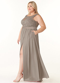 Azazie Elly Bridesmaid Dresses Taupe A-Line Lace Scoop Neck Chiffon Dress image9