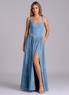 Azazie Francis Bridesmaid Dresses Steel Blue A-Line Corset Floral Burnout Dress image1