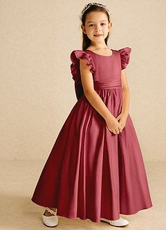 Azazie Piglette Flower Girl Dresses Pomegranate A-Line Bow Matte Satin Dress image5