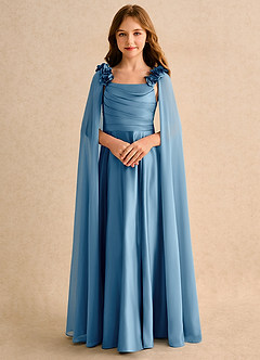 Azazie Rosita Girls Formal vestidos de niña de las flores Vestido de Azul Acero de Satin Mate de Corte en A con Plisado image5