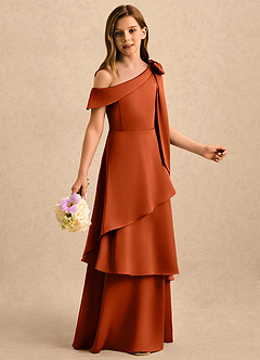 Azazie Shyloh Girls Formal Flower Girl Dresses Paprika A-Line Off the Shoulder Stretch Satin Dress image5