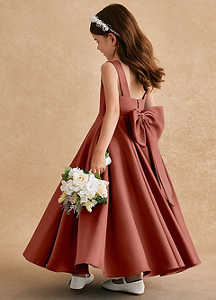 Azazie Honey Bear Flower Girl Dresses Auburn A-Line Pleated Matte Satin Dress image4
