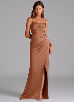 Azazie Calandra Bridesmaid Dresses Bronzer A-Line Pleated Stretch Satin Dress image1