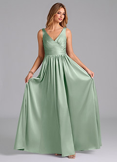 Azazie Keyla Bridesmaid Dresses Agave A-Line Pleated Stretch Satin Dress image4