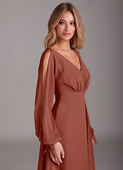 Azazie Matilda Bridesmaid Dresses Auburn A-Line Long Sleeve Chiffon Dress image7