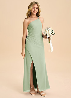 Azazie Eren Junior Vestido Dusty Sage de Chiffon de Linha A com Plissado image3