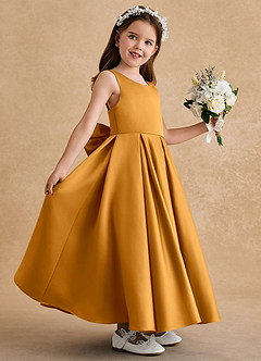 Azazie Honey Bear Flower Girl Dresses Butterscotch A-Line Pleated Matte Satin Dress image5