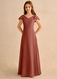 Azazie Nari Girls Formal Robe Demoiselle D'honneur Fillette Robe Trapèze en Mousseline de soie avec manches Auburn image6