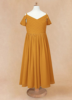 Azazie Chelle Robe Demoiselle D'honneur Fillette Robe Trapèze en Mousseline de soie Plissée Caramel écossais image6