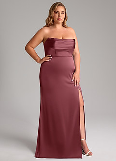 Azazie Saige Bridesmaid Dresses Desert Rose Sheath Off the Shoulder Stretch Satin Dress image17