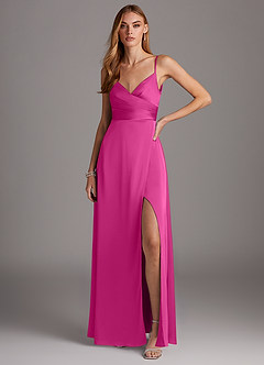 Azazie Calissa Brautjungfernkleider A-Linie V-Hals Gefaltet Stretch-Satin Kleid Fuchsia image1