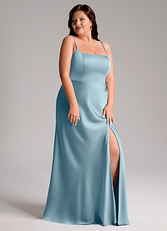 Azazie Lidia Bridesmaid Dresses Moody Blue Mermaid Side Slit Stretch Satin Dress image12