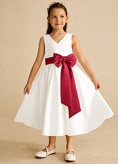 Azazie Darling Flower Girl Dresses Ivory Scarlet A-Line Bow Cotton Dress image2