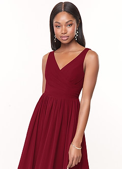 Azazie Keyla Bridesmaid Dresses Burgundy A-Line V-Neck Pleated Chiffon Dress image5