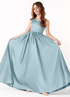 Azazie Hathaway Junior Moody Blue A-Line Bow Stretch Satin Dress image2