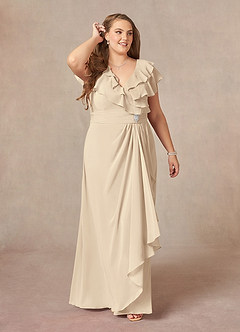 Azazie Snapdragon Mother of the Bride Dresses Champagne A-Line V-Neck Ruched Chiffon Dress image6