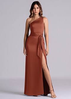 Azazie Phaedra Bridesmaid Dresses Auburn A-Line One Shoulder Stretch Satin Dress image2