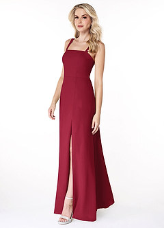 Azazie Jay Bridesmaid Dresses Burgundy A-Line Square Neckline Side Slit Chiffon Dress image4