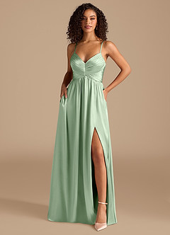 Azazie Alia Abiti da Damigella Abito A-Line in Raso Metallizzato Plissettato Matcha image1