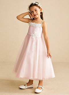 Azazie Patsie Flower Girl Dresses Blushing Pink A-Line Off the Shoulder Tulle Dress image6
