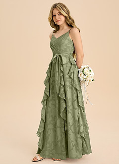 Azazie Peyton Junior Vestido de Pistacho de Devorado Floral de Corte en A con Plisado image5