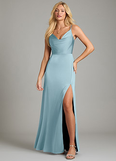 Azazie Sarella Vestidos de damas de honor Vestido de Azul Malhumorado de Satén Elástico de Corte en A con Plisado image4