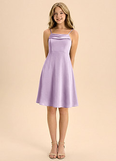 Azazie Anselie Junior Frosted Lilac A-Line Off the Shoulder Stretch Satin Dress image5