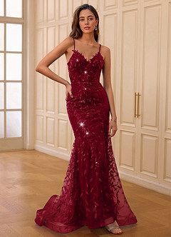 Glazia Burgundy Floral Sequined Embroidery Mermaid Prom Dress image3