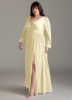 Azazie Norah Robes de demoiselle d'honneur Robe Trapèze en Mousseline de soie Col en V, manches longues Sorbet Citron image11