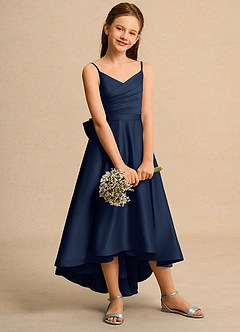 Azazie Sweets Girl Jurken voor bloemenmeisjes A-Lijn Jurk van Mat Satijn Geplooid Donkere Marine image5