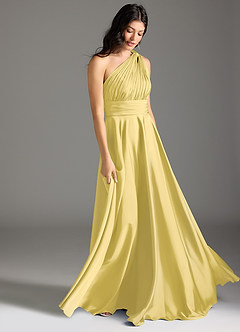 Azazie Charlize Bridesmaid Dresses Canary A-Line One Shoulder Stretch Satin Dress image3