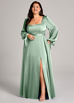 Azazie Leonia Robes de demoiselle d'honneur Robe Trapèze en Satin extensible Manche longue Agave image8