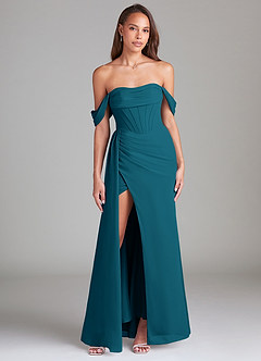 Azazie Amyra Bridesmaid Dresses Ink Blue Sheath Off the Shoulder Chiffon Convertible Dress image1