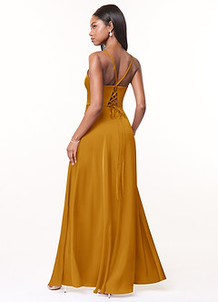Azazie Maksim Robes de demoiselle d'honneur Robe Trapèze en Satin extensible Col en V Caramel écossais image2