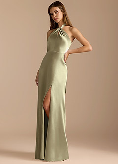 Azazie Tracie Bridesmaid Dresses Moss Green A-Line Pleated Metallic Satin Dress image4