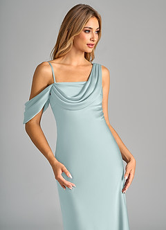 Azazie Celina Bridesmaid Dresses Mist Sheath Off the Shoulder Stretch Satin Dress image7