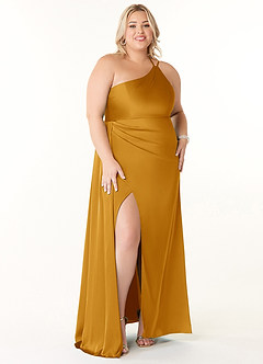 Azazie Maron Bridesmaid Dresses Butterscotch A-Line One Shoulder Stretch Satin Dress image7