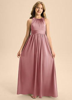 Azazie Jaylah Junior Vestido de Rosa Polvorienta de Satén Elástico de Corte En A con Plisado image6