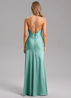 Azazie Grata Bridesmaid Dresses Aqua Sheath Side Slit Stretch Satin Dress image2
