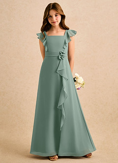 Azazie Soso Girls Formal Robe Demoiselle D'honneur Fillette Robe Trapèze en Mousseline de soie Plissé Sauge D'argent image5