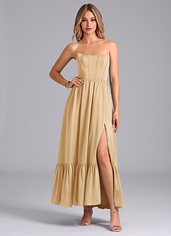 Azazie Leilana Robes de demoiselle d'honneur Robe Trapèze en Satin extensible Corset Or image4