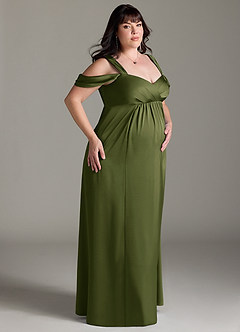 Azazie Rhea Robes de demoiselle d'honneur de maternité Robe Trapèze Épaule nue plissée Longueur ras du sol Satin extensible image3