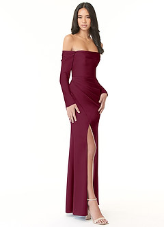 Azazie Hallie Vestidos de damas de honor Vestido de Mora de Satén Elástico de Corte Recto Convertible con Manga larga con hombros descubiertos image5