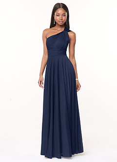 Azazie Charlize Bridesmaid Dresses Dark Navy A-Line One Shoulder Mesh Dress image2