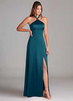 Azazie Elliana Bridesmaid Dresses Ink Blue A-Line Side Slit Stretch Satin Dress image3