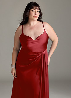 Azazie Brielle Robes de demoiselle d'honneur Robe Trapèze en Satin extensible Bretelles spaghetti Grenade image11