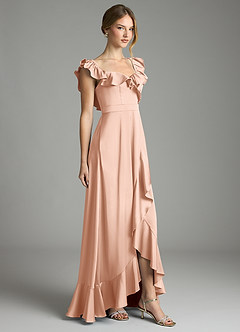 Azazie Lyra Bridesmaid Dresses Rose Gold A-Line Off the Shoulder Stretch Satin Convertible Dress image5