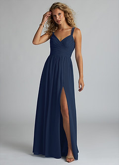 Azazie Aziza Bridesmaid Dresses Dark Navy A-Line V-Neck Pleated Chiffon Dress image2